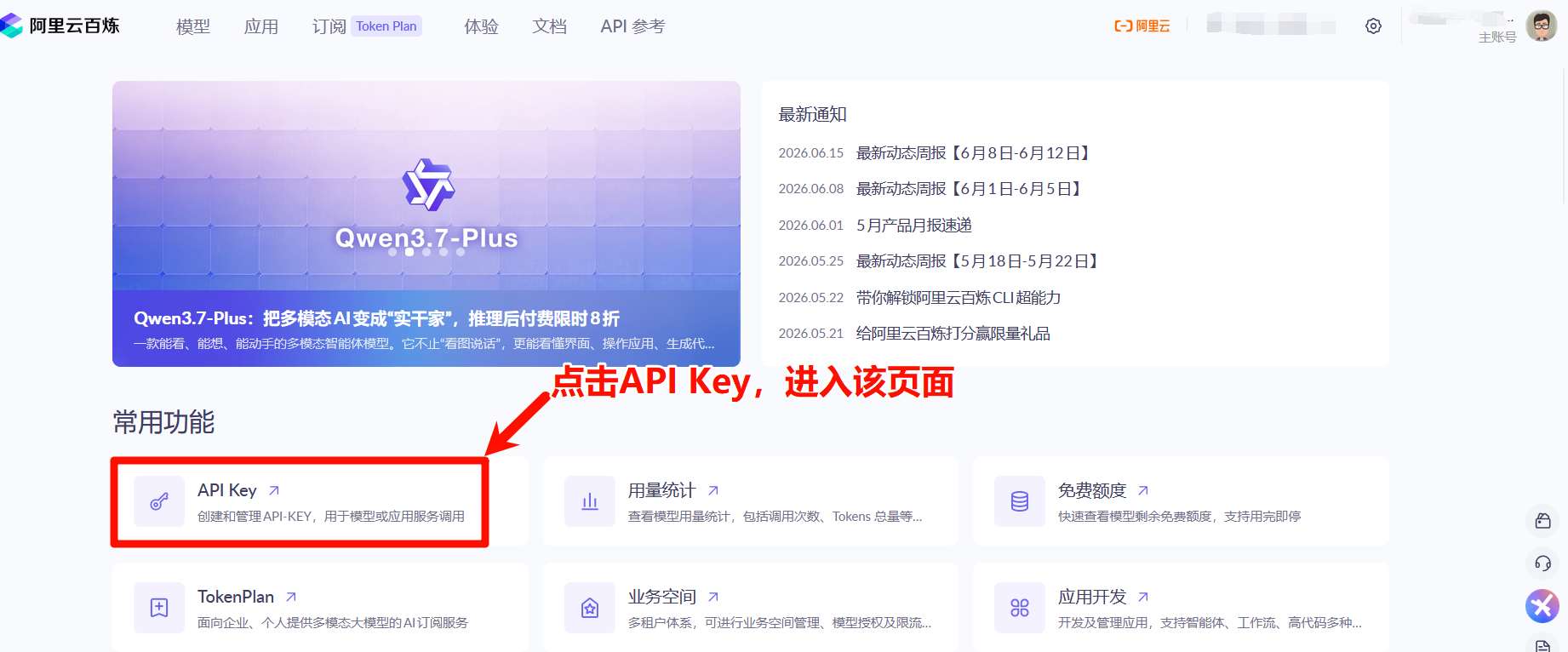 进入阿里云百炼大模型服务平台API Key申请页面